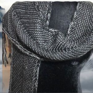 Knit gray very long scarf with feathers